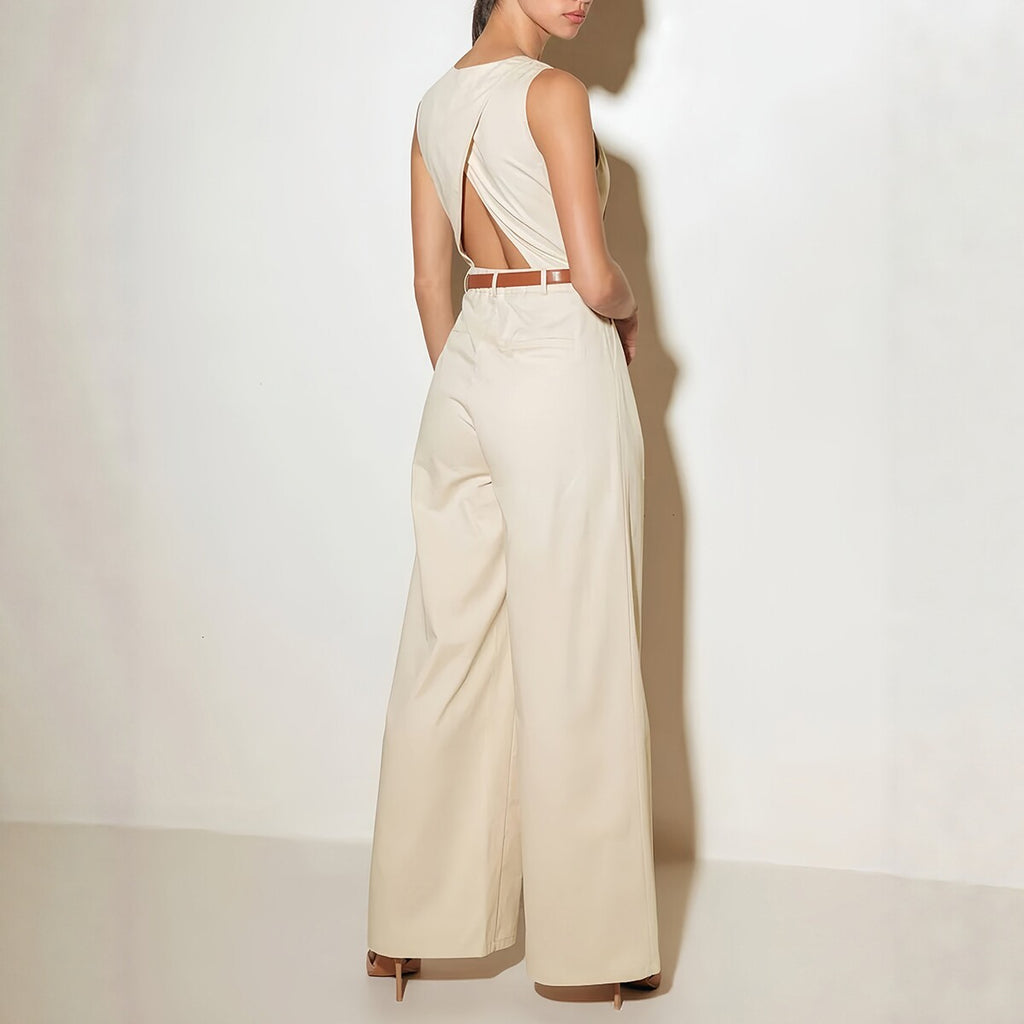 V-Neck Sleeveless High-Waisted Wide-Leg Jumpsuit Fashion Chic Office Wear Women's Clothing
