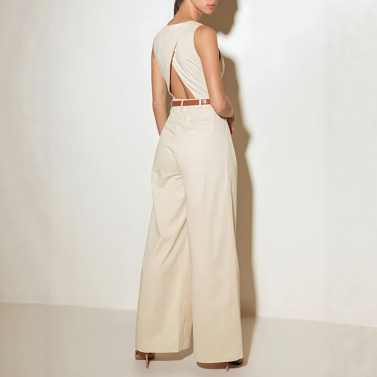V-Neck Sleeveless High-Waisted Wide-Leg Jumpsuit Fashion Chic Office Wear Women's Clothing