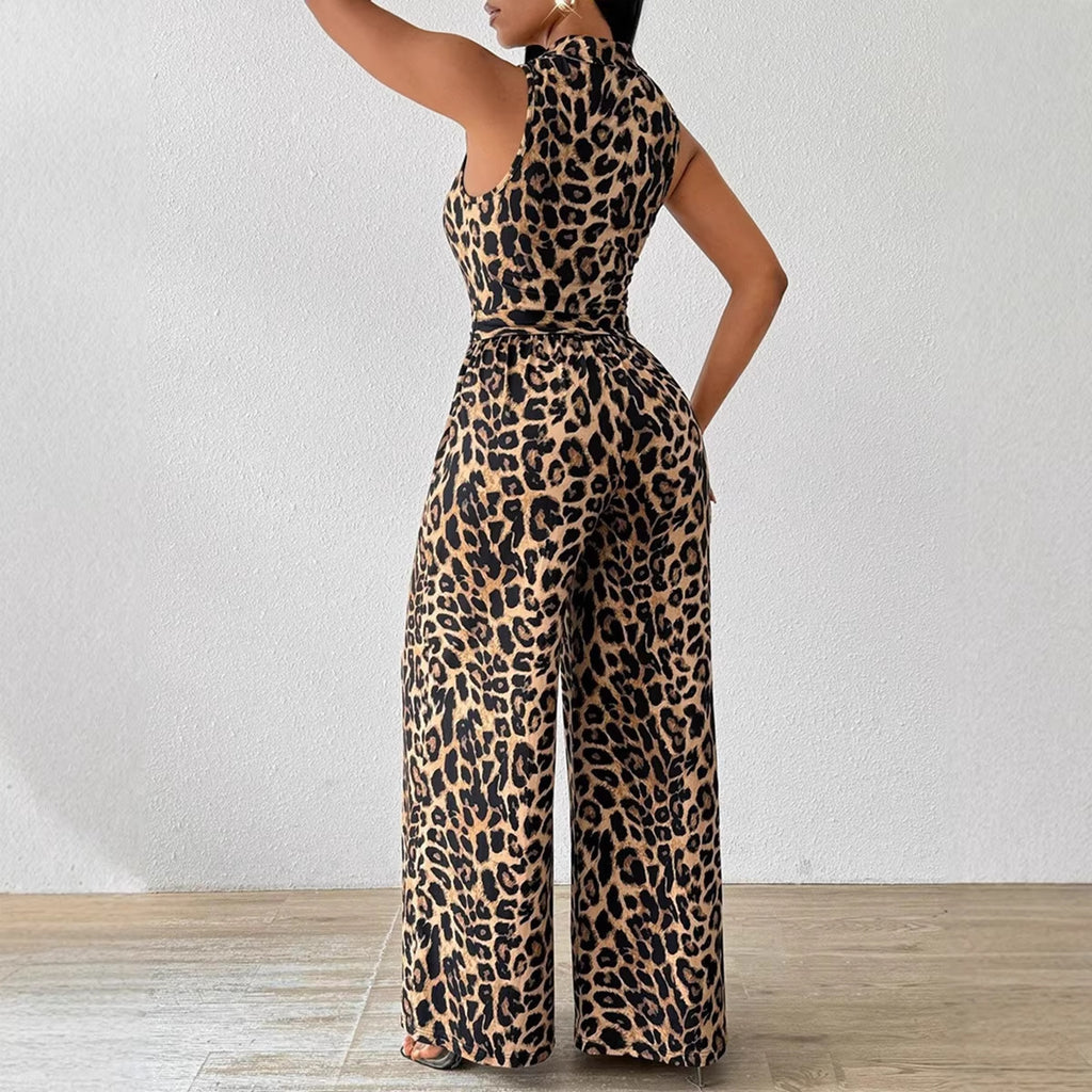 Sleeveless leopard print jumpsuit