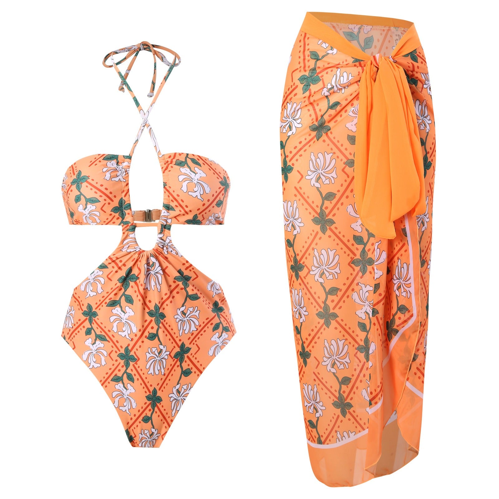 One-piece strappy hollow sexy triangle long chiffon wrap skirt foreign trade swimsuit/ SMU PLUS