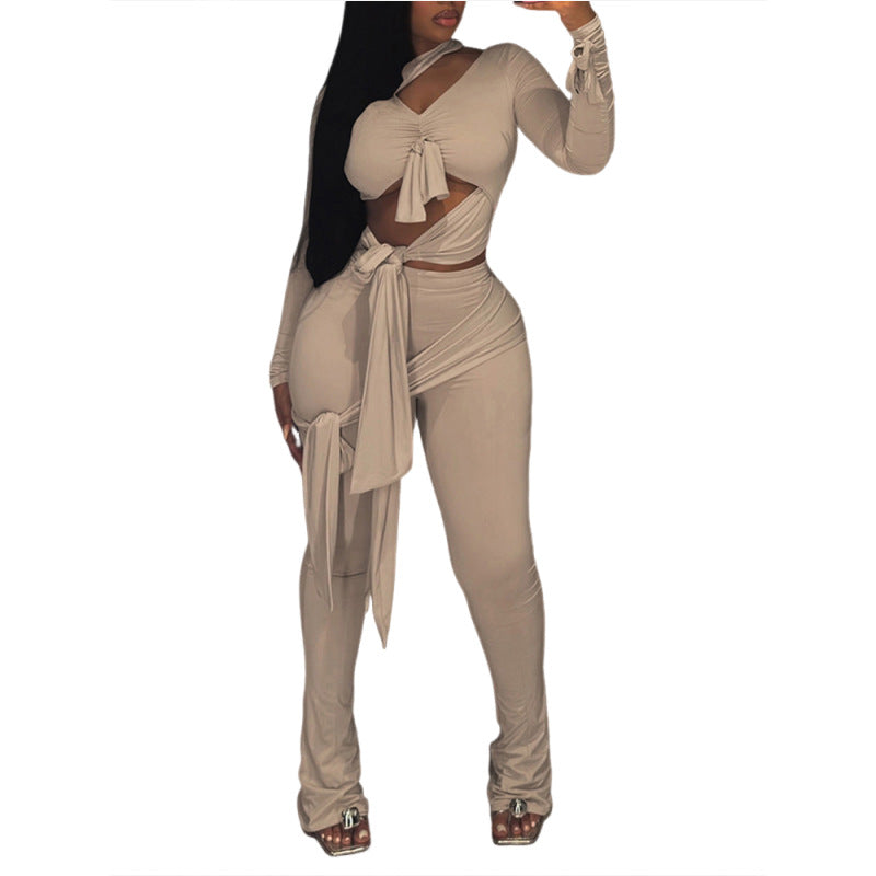 Street Creative V-Neck Fitted Crop Top with Tie-Up Detail and Pants Set for Women