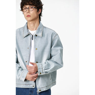 Stripe Denim Jacket for Men Washed Ice Blue Denim Coat