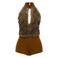Sexy and spicy girl fur patchwork neckless backless bodysuit
