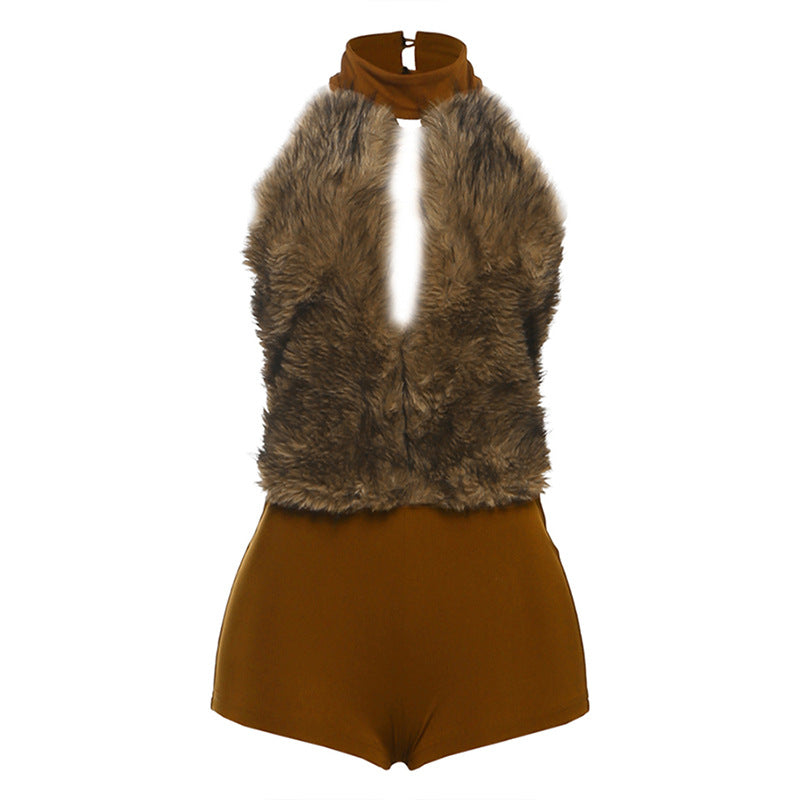 Sexy and spicy girl fur patchwork neckless backless bodysuit