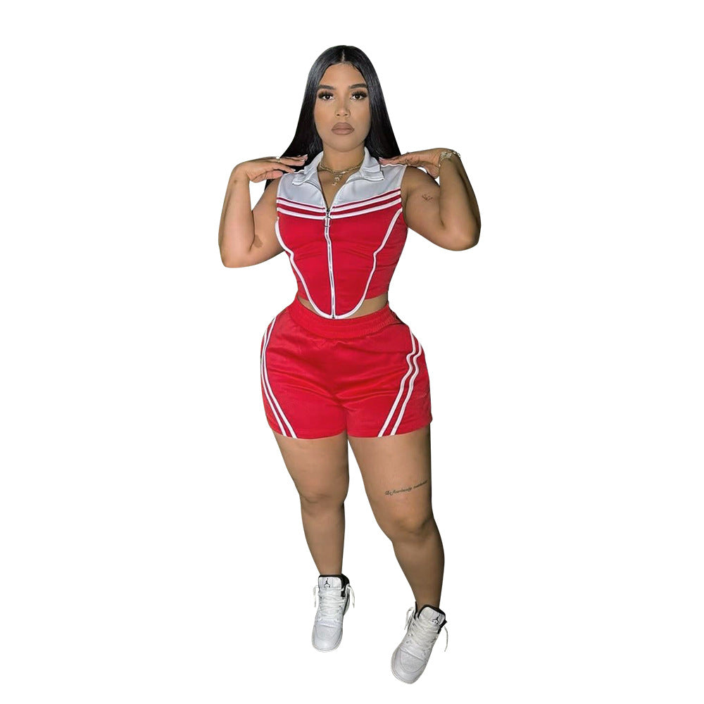 Fitted Two-Piece Set Lapel Sleeveless Top with Shorts for Women