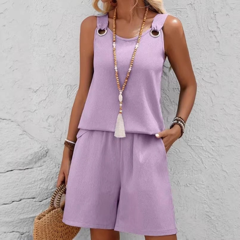 Two-Piece Shorts Women's Set Summer  New StyleFashion Round Neck Sleeveless