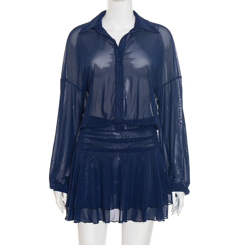 Women's Autumn New Solid Color Casual Shirt Collar Ruffle Long Sleeve Mini Dress