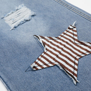 Star Patch Embroidered Jeans Women Washed Blue Wide Leg Casual Versatile Straight Leg Long Pants