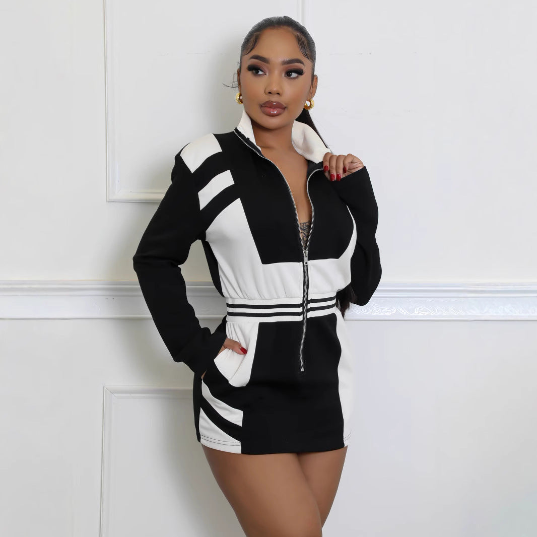 Casual Color-Blocked Zipper Jacket Long Sleeve Fitted Dress for Women