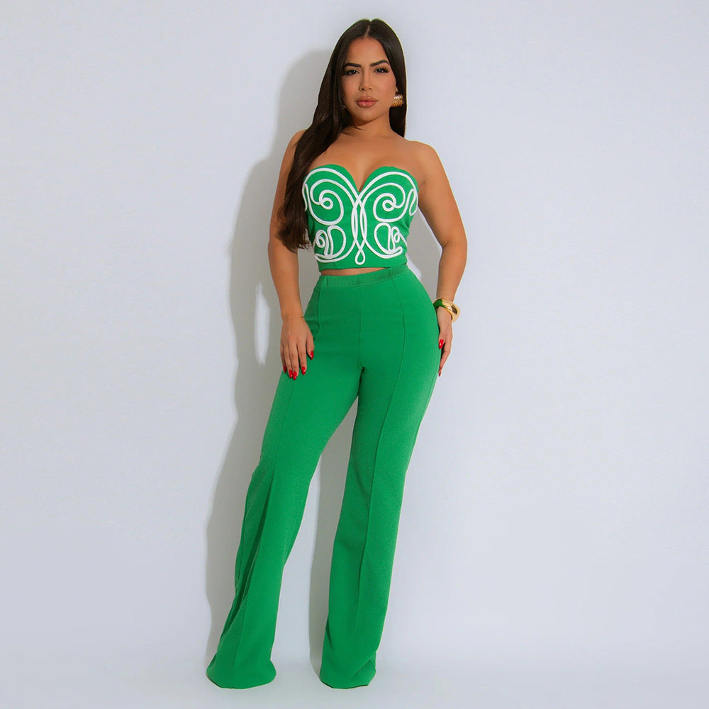 Strapless Crop Top with Solid Color Long Pants Slim Two-Piece Set Women's Casual Outfit