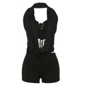 Summer Fashion Solid Color Strapless Tie-Back Halter Top Fitted Short Set Women