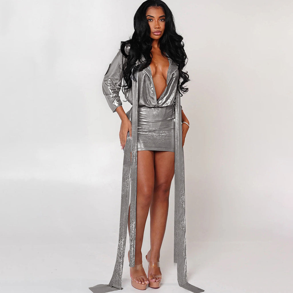 Style Solid Color Ribbed Spliced Low-Cut Sexy Top and Bodycon Skirt Set