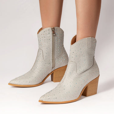 Rhinestone Decor Zipper Design Boots For Women Chunky Heel Fashion Trendy Crystals Cowboy Boots Glitter Shoes Woman