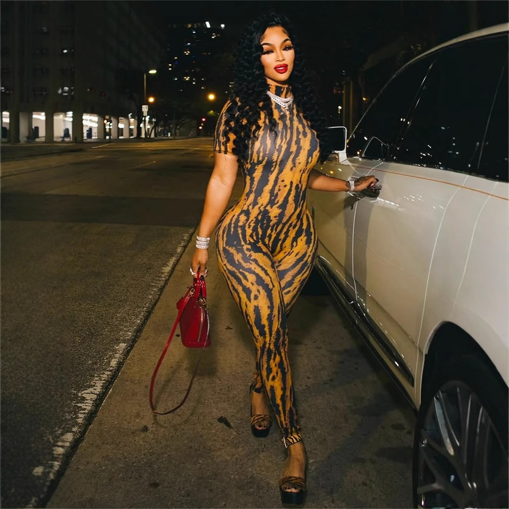 Striped Print Short Sleeve Long Pants Jumpsuit