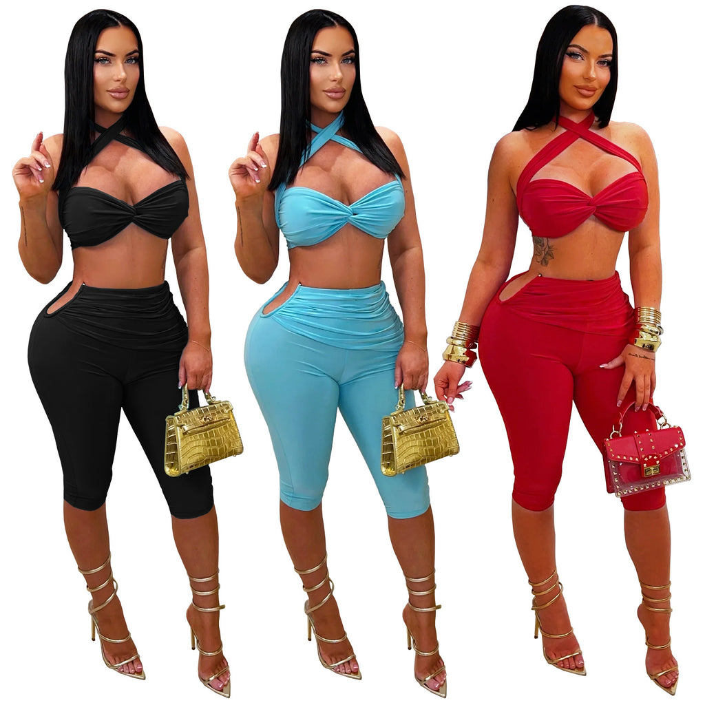 Solid color lace up slim fit hip package set