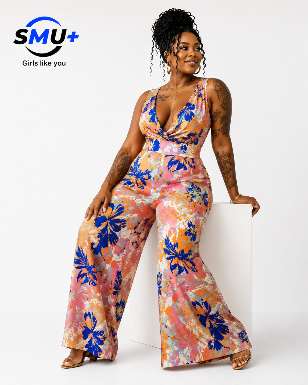 Sleeveless lace up wide leg printed jumpsuit