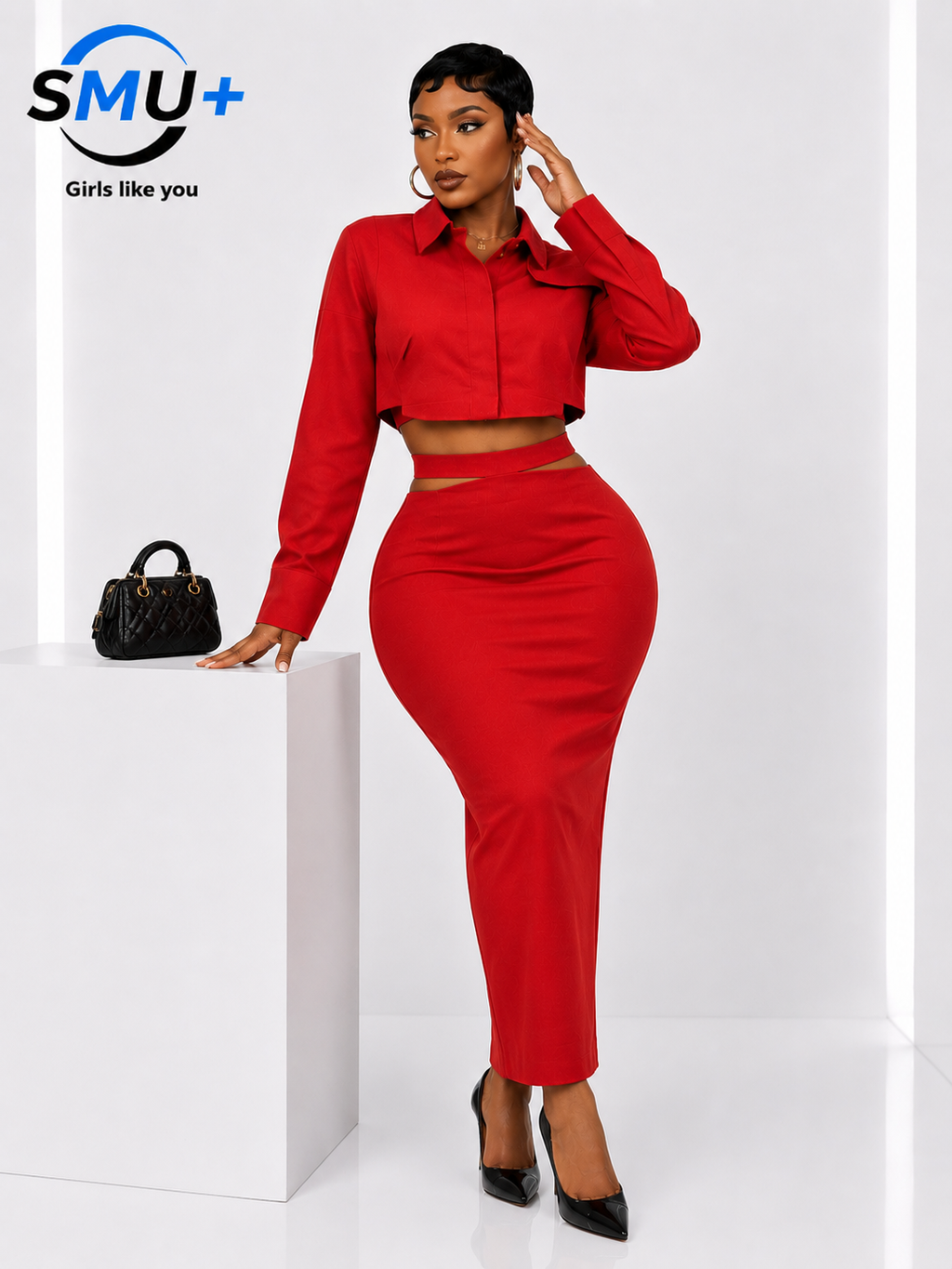 Solid Casual Two Piece Set For Women Lapel Collar Long Sleeve Short Top High Waist Slim Skirt Female  Fashion Set