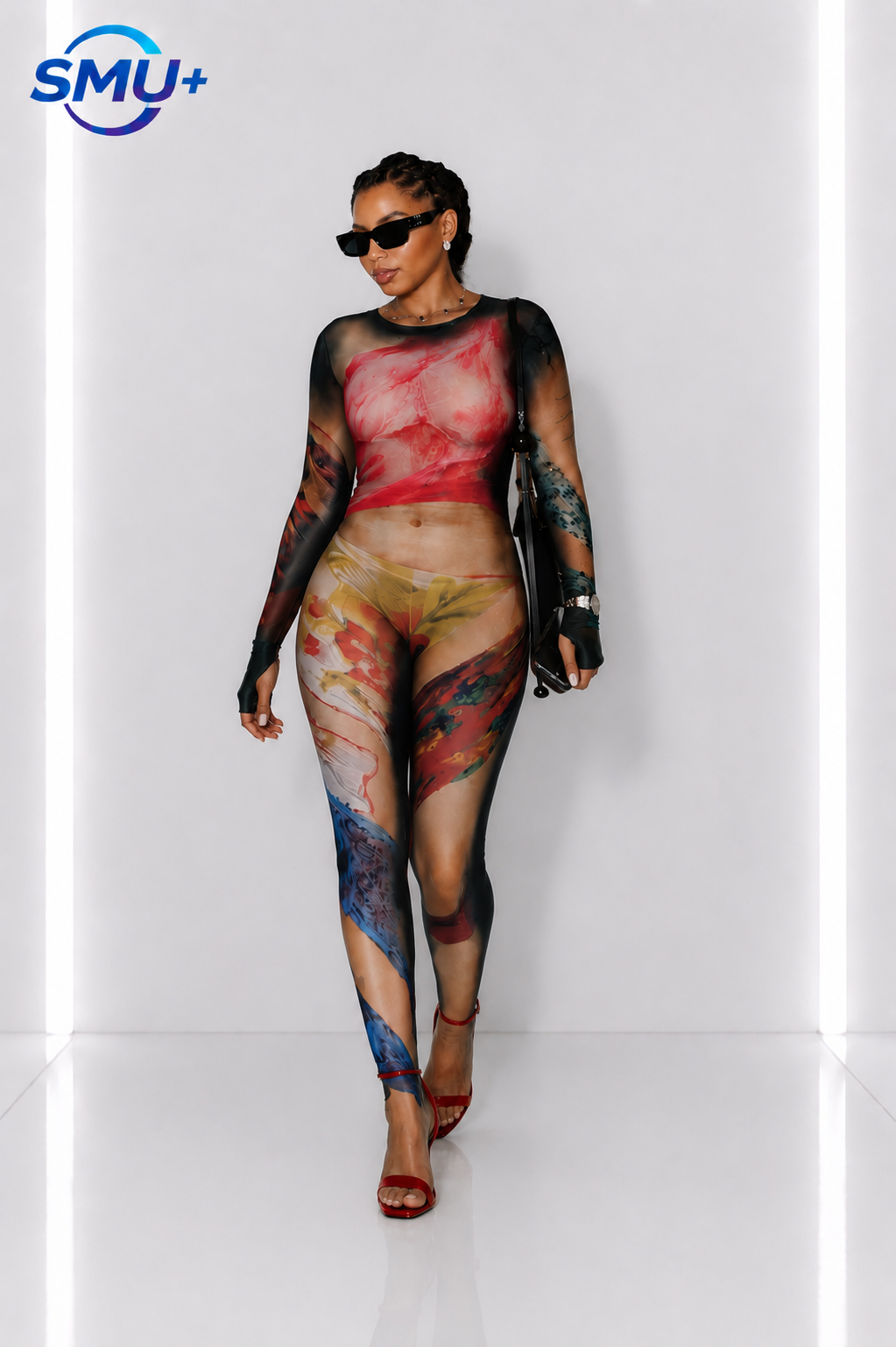 New women's body painting printed round neck long sleeved tight fitting one-piece pants