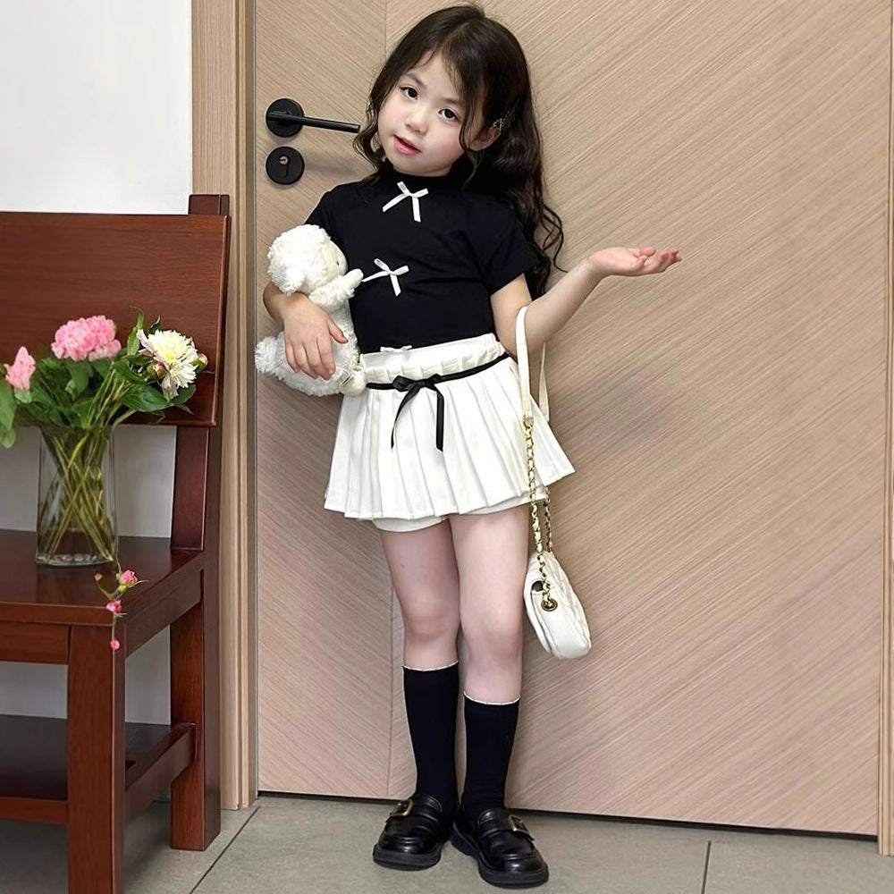 Girls' Summer Casual SetFitted Short Sleeve T-Shirt + Pleated Skirt 2-Piece Outfit for Kids