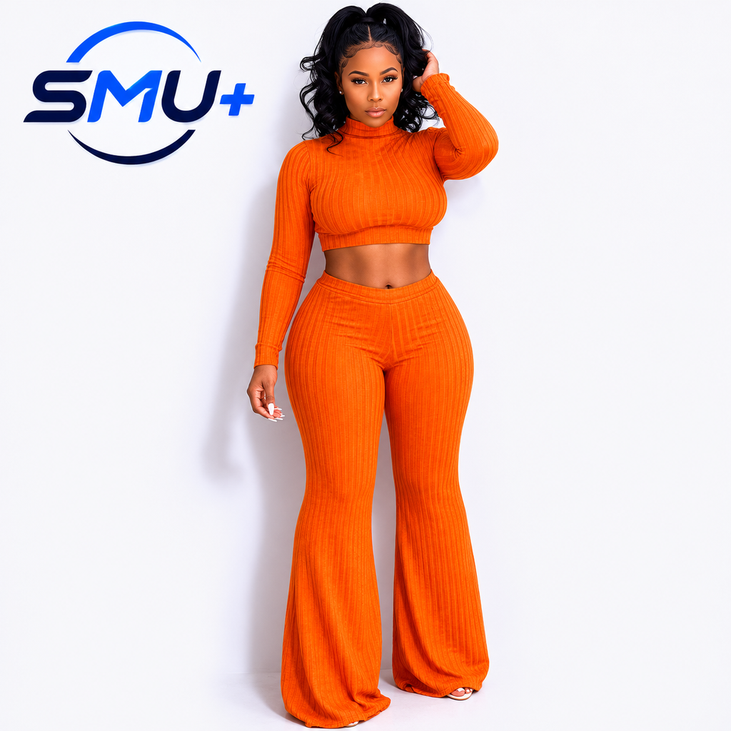 Round neck top and wide leg pants two-piece set