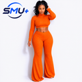 Round neck top and wide leg pants two-piece set