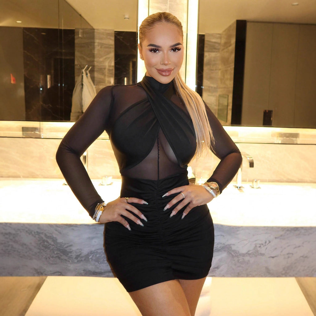 Sexy Fitted Sheer A-Line Solid Color Pleated Wrap Dress for Women