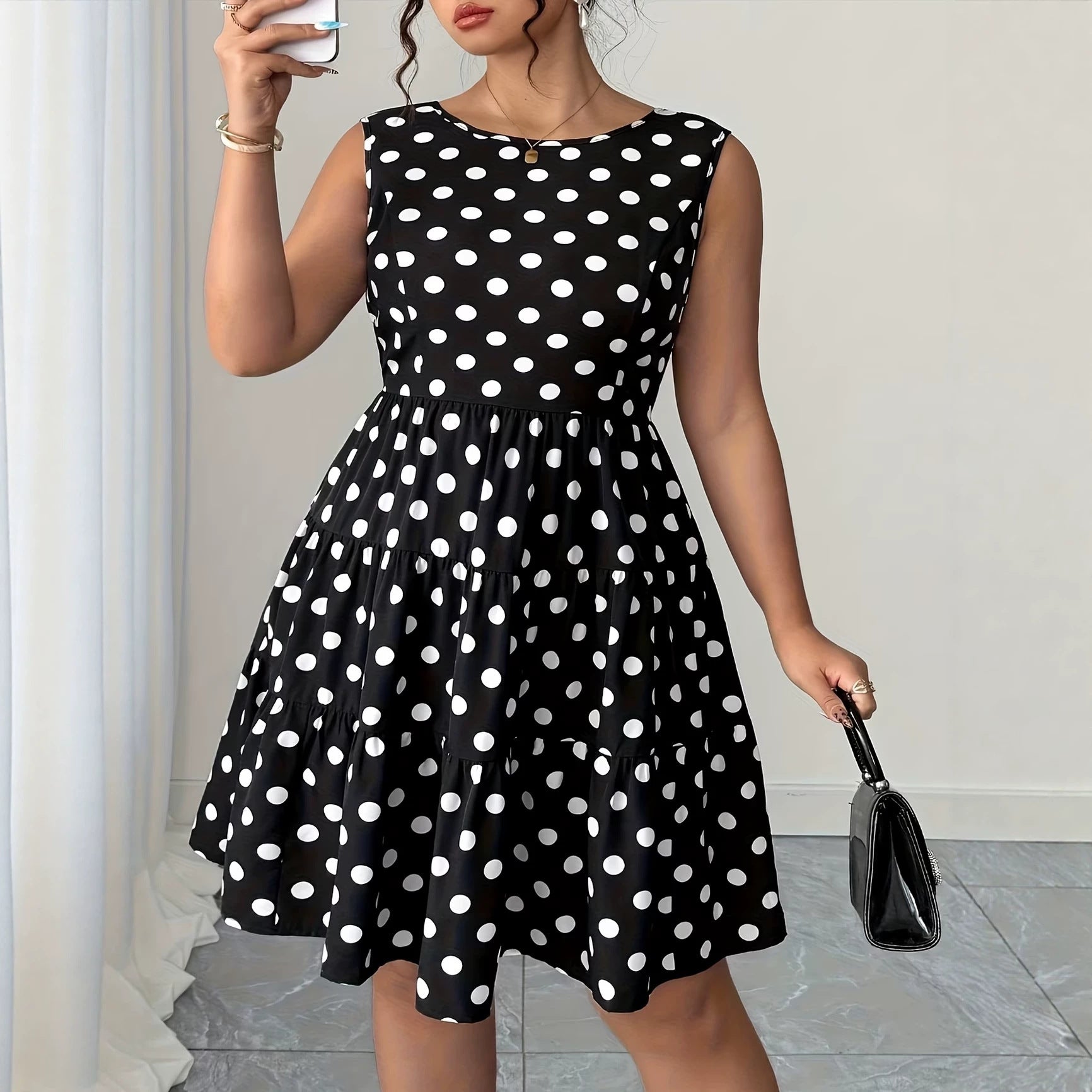 Polka Dot Print Dress with Color Block Bow, Plus Size Women's Dress