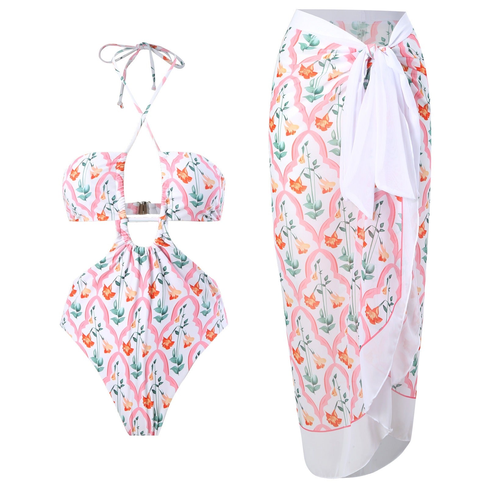 One-piece strappy hollow sexy triangle long chiffon wrap skirt foreign trade swimsuit/ SMU PLUS