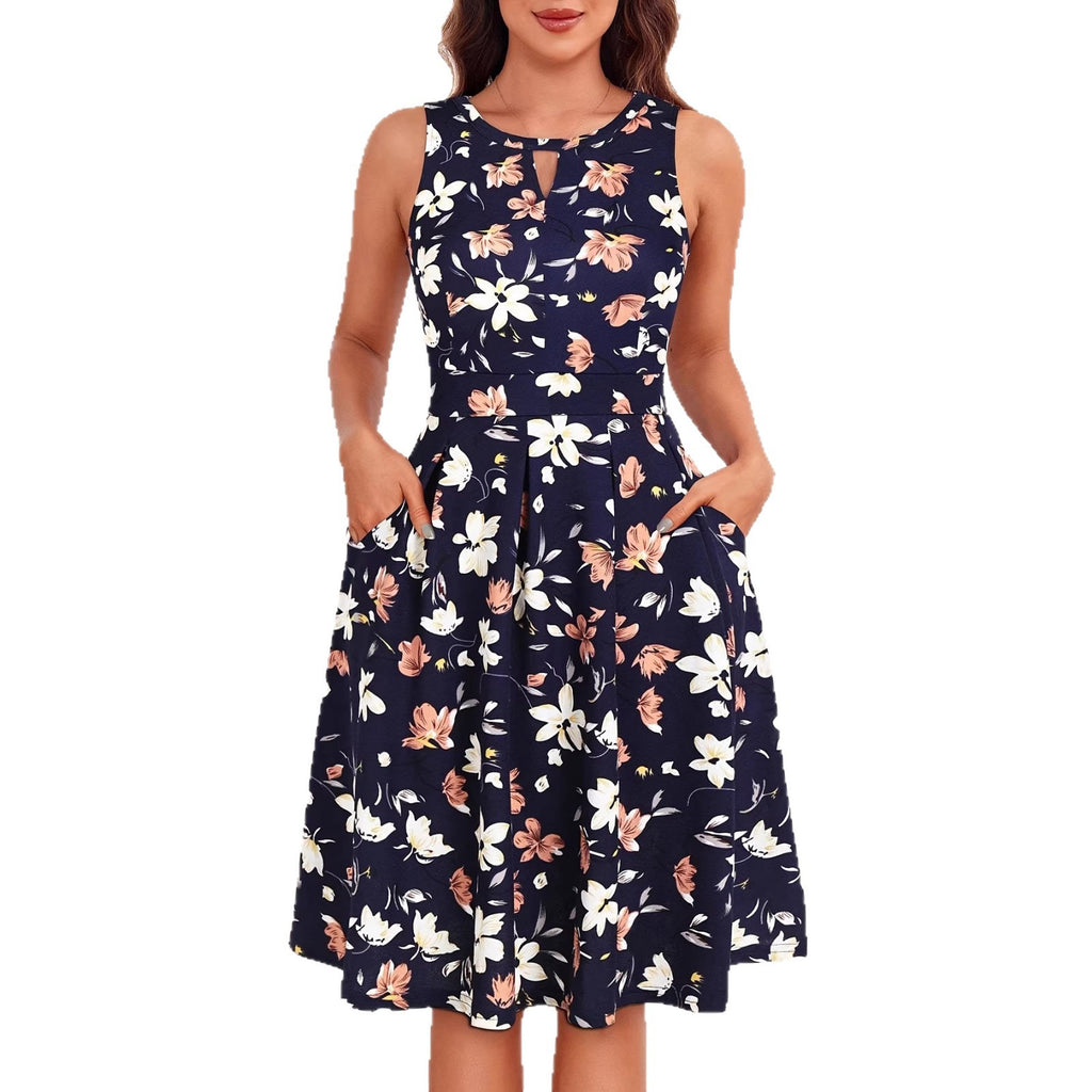 New Floral Print Keyhole Neckline Dress with Hidden Back Zipper, Beach Vacation Style Dress