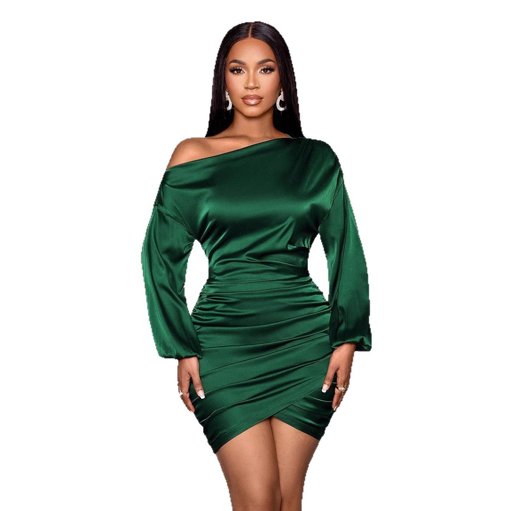 Slanted shoulder long sleeved dress