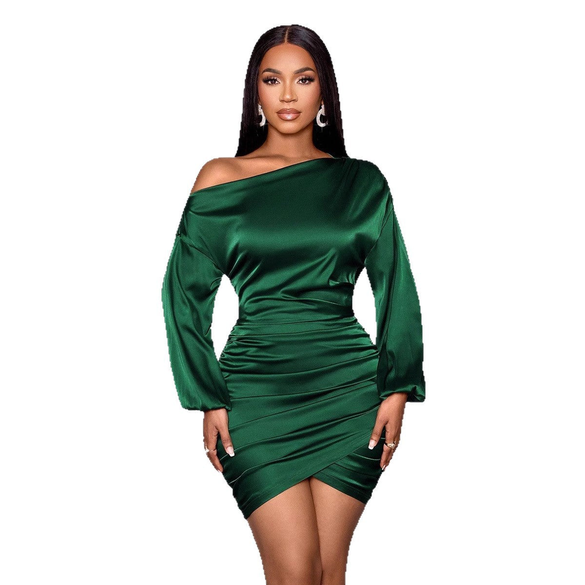 Slanted shoulder long sleeved dress