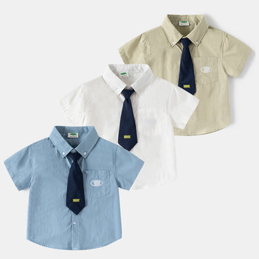 Boy's Summer New Kids Tie Short Sleeve Shirt College Style Short Sleeve Shirt