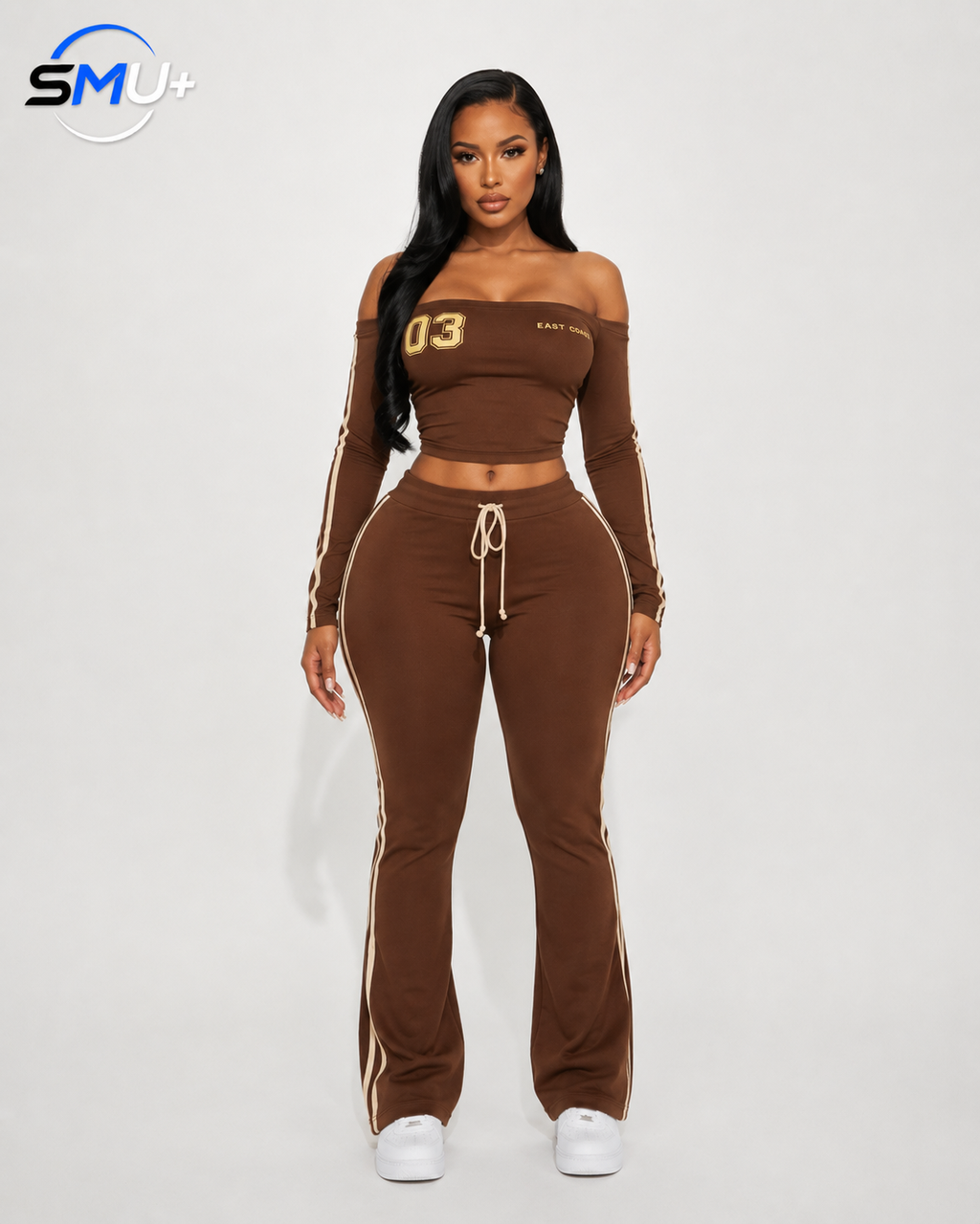 Off-Shoulder Letter Long Sleeve Top and Wide Leg Pants Athletic Set