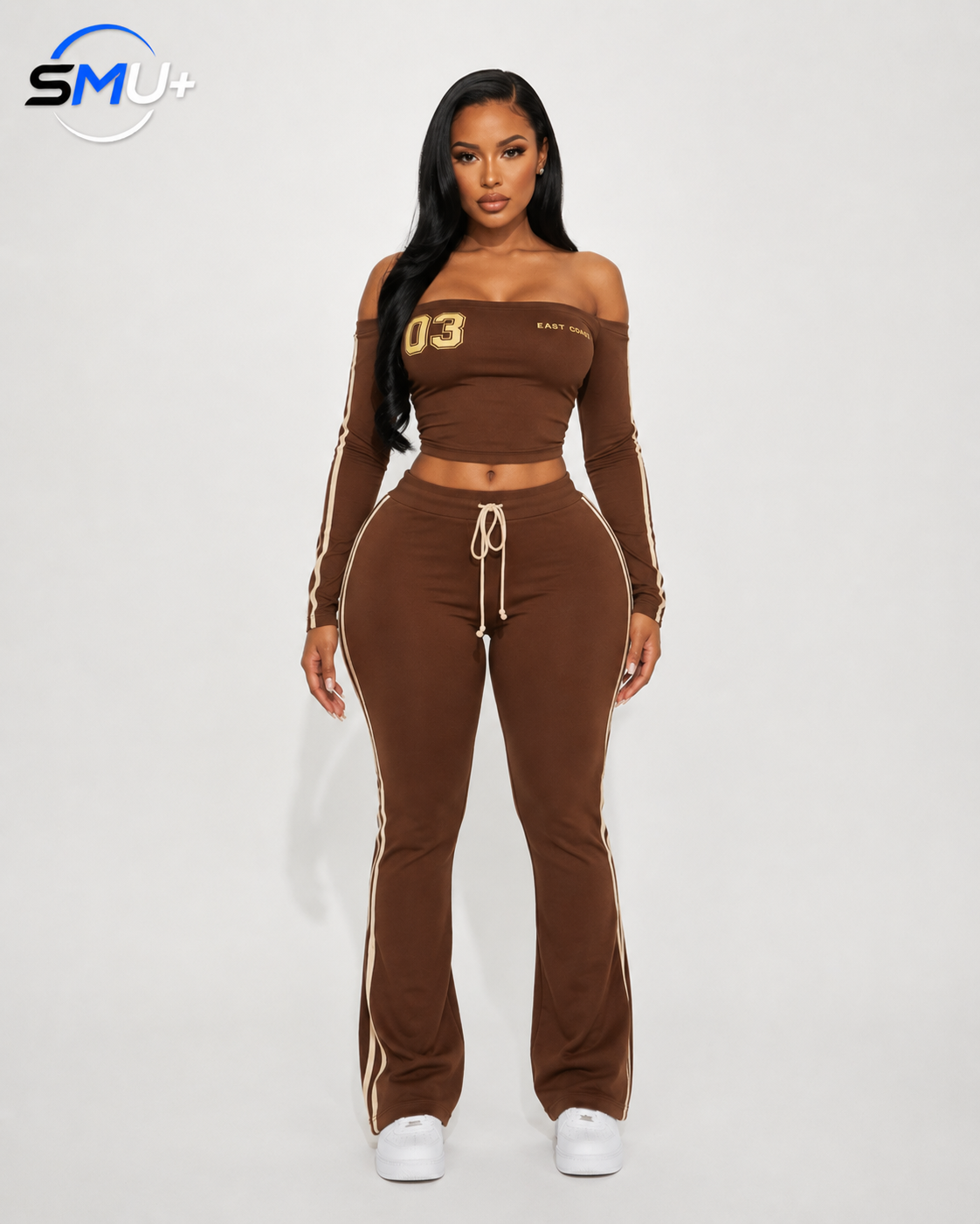 Off-Shoulder Letter Long Sleeve Top and Wide Leg Pants Athletic Set