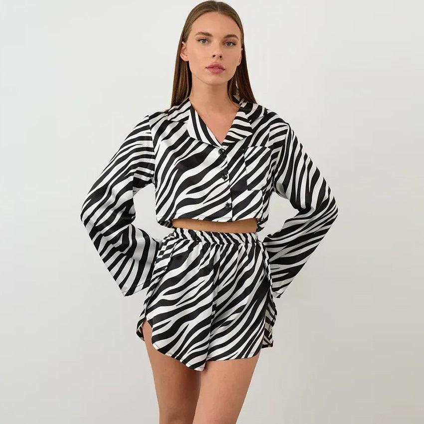Stripe Short Sleeve Long Sleeve Split Shorts Two-Piece Set Cool Touch Ice Silk Women's Loungewear