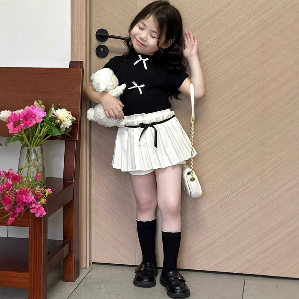 Girls' Summer Casual SetFitted Short Sleeve T-Shirt + Pleated Skirt 2-Piece Outfit for Kids