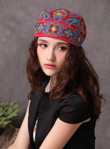 Women Mexican Style Ethnic Vintage Embroidery Flowers Bandanas Red Print Hat