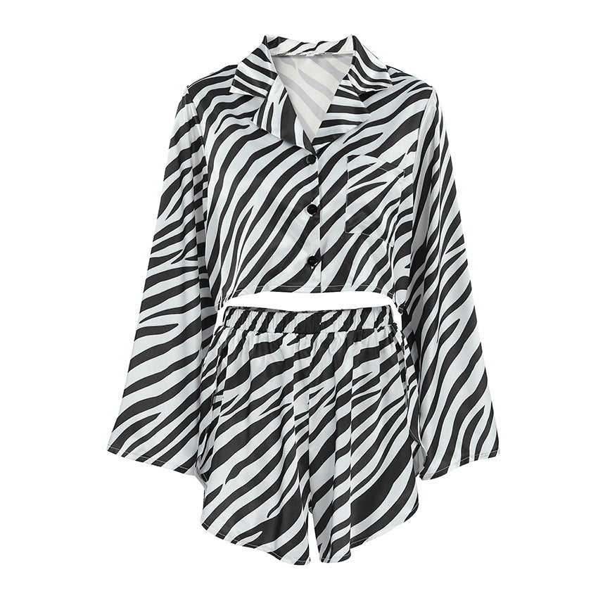 Stripe Short Sleeve Long Sleeve Split Shorts Two-Piece Set Cool Touch Ice Silk Women's Loungewear