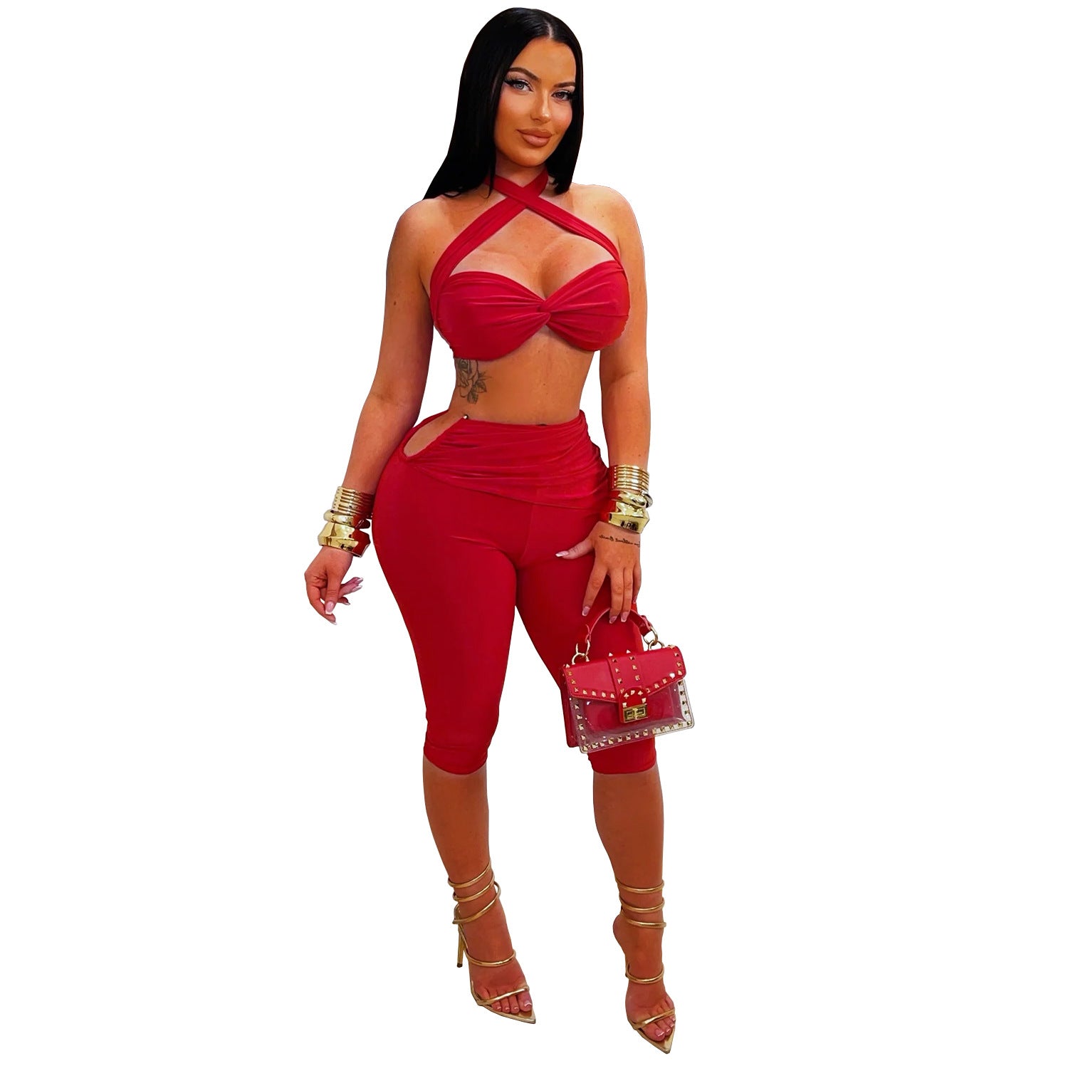Solid color lace up slim fit hip package set