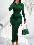 Elegant Women's High Neck Long Sleeve Fitted Ruched Drawstring Bodycon Dress