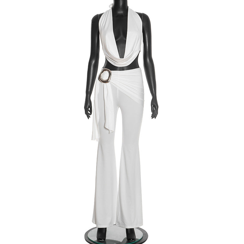 Style New Fashion Solid Color Slim Fit Sleeveless Elegant Drape Neck Top with Large Metal Buckle Set