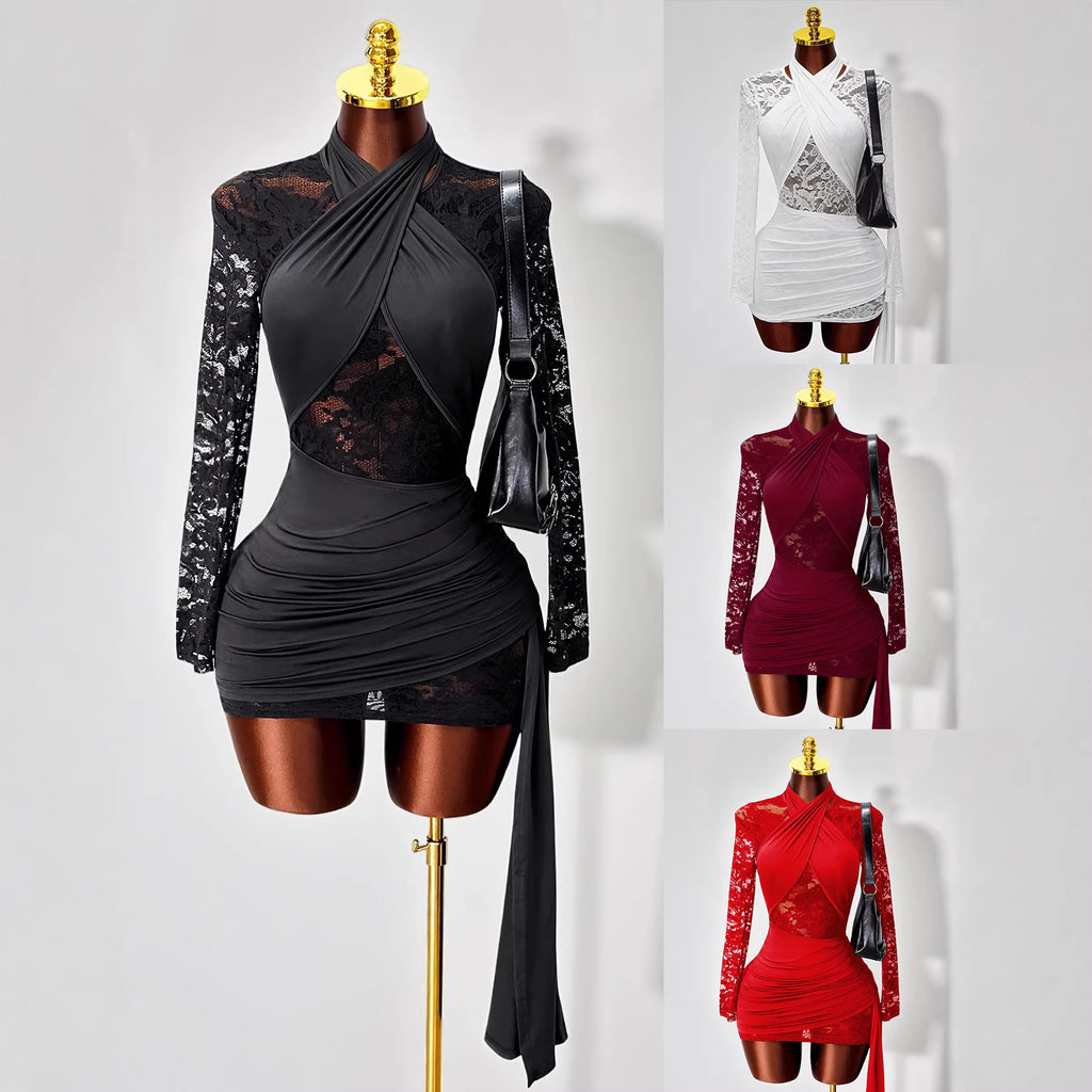 Sexy Lace Sheer Long Sleeve Bodycon Dress with Tie-Back Neckline for Women