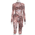 Style Printed Pleated Long Sleeve Waist Tie 7/8 Pants Set