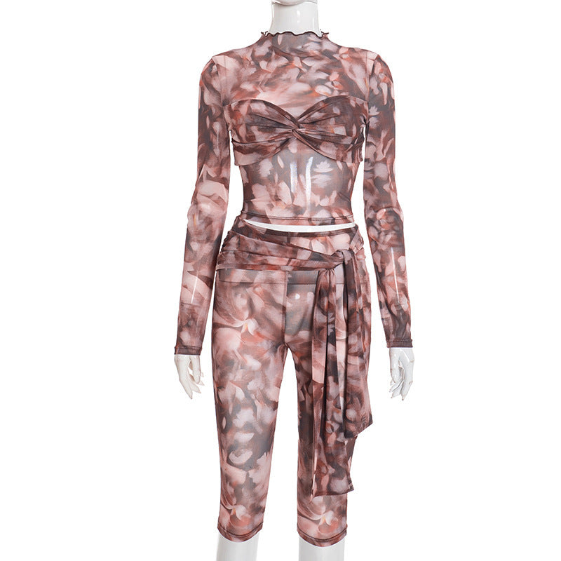 Style Printed Pleated Long Sleeve Waist Tie 7/8 Pants Set