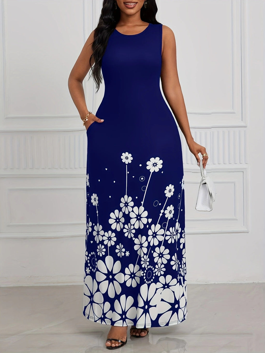 Printed Sleeveless Loose Round Neck Simple Elegant Dress