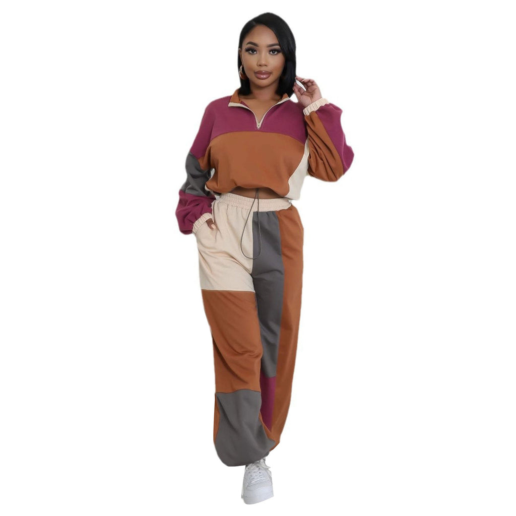 Sporty Woven Two-Piece Set with Zipper and Drawstring Design, Color-Blocked Printed Outfit smu plus