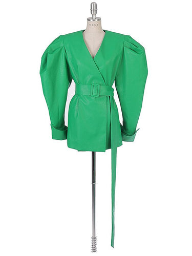 Lautaro Spring Green Pu Leather Jackets for Women with Puff Long Sleeve Belt Runway Stylish Luxury Designer Clothes