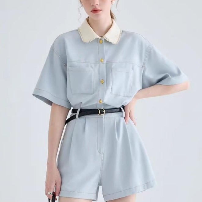 Style Blue Women's  Romper with Peter Pan Collar, High-End Look, Short Sleeve, Casual Fit, Mini Length, One-Piece Clothing