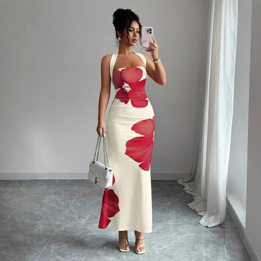 women's backless halter long dress with printed pattern fitted silhouette