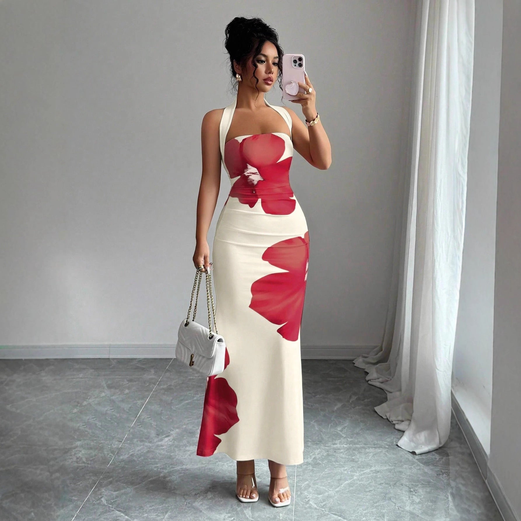 women's backless halter long dress with printed pattern fitted silhouette